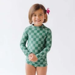 Mini Rash Guard And Shorts Set, Green Check -Swim Shoreline 369A2795final