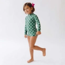 Mini Rash Guard And Shorts Set, Green Check -Swim Shoreline 369A2822final