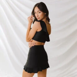 Matte Black High-Waisted Swim Skirt -Swim Shoreline 369A2950