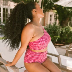 Red Gingham Ruched High-Waisted Bottoms -Swim Shoreline 369A4243final