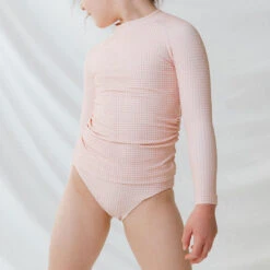 Mini Rash Guard Two-Piece Set, Pink Checkers -Swim Shoreline 369A4937final b21e2325 2658 48b7 a29d 223fb80d52eb