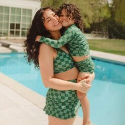 Mini Rash Guard And Shorts Set, Green Check -Swim Shoreline 369A8940finnal