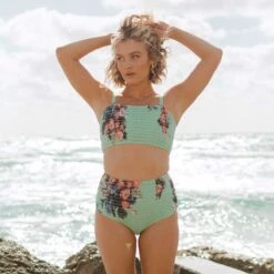 Rose Mint Smocked High-Waisted Bottoms -Swim Shoreline 369A8975