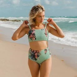 Rose Mint Smocked High-Waisted Bottoms -Swim Shoreline 369A8993