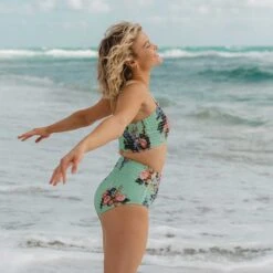 Rose Mint Smocked High-Waisted Bottoms -Swim Shoreline 369A9010