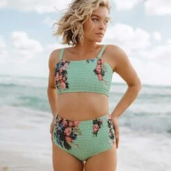 Rose Mint Smocked High-Waisted Bottoms -Swim Shoreline 369A9061final