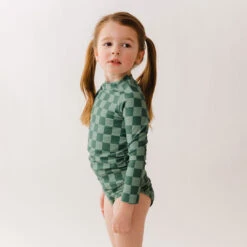 Mini Rash Guard Two-Piece Set, Green Check -Swim Shoreline 369A9994finnal