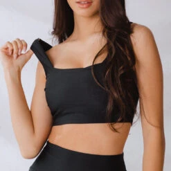 Matte Black Olivia Swim Crop -Swim Shoreline blacktop close
