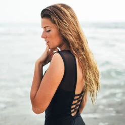 The Maria, Black Mesh One-Piece Swimsuit -Swim Shoreline maria side